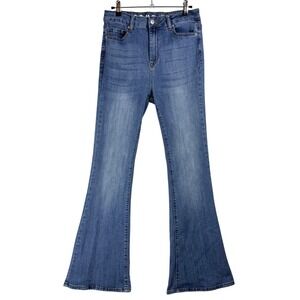 SONG Lace Up Back Flare Jeans Medium Wash High Rise Bell‎ Bottom SJ22102MBB28